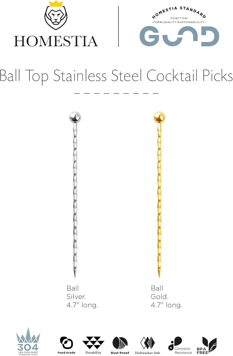 Homestia Stainless Steel Cocktail Picks, 4.7 Inch Reusable Martini Olive Picks, Metal Garnish Skewers for Drinks, Appetizers, Bloody Mary - Set of 6 Metal Cocktail Picks for Party Bar