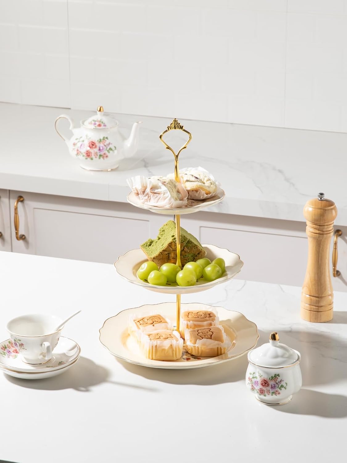 Sweejar 3 Tier Ceramic Cake Stand Wedding, Dessert Cupcake Stand for Tea Party Serving Platter (White)