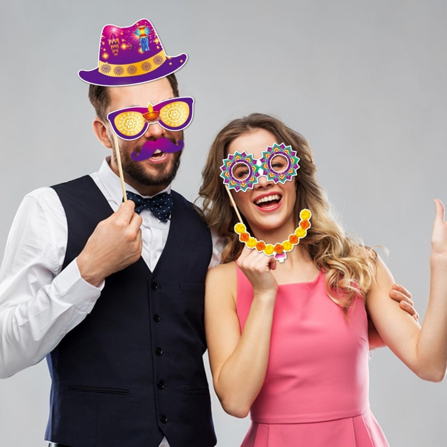 KYMY Happy Diwali Party Photo Booth Props Set, 1pc Deepavali Rangoli Selfie Frame with 20pcs Photo Booth Props, India Festival of Lights Party Favors for Hindu Diwali Themed Decorations Supplies