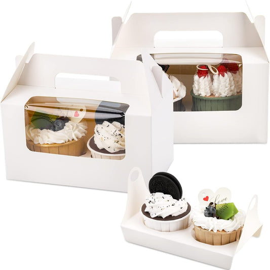 Jucoan 60 Pack 2 Count White Paper Cupcake Boxes with Insert, Handle and Window, Portable Cupcake Muffin Containers, Gable Bakery Gift Boxes Party Favor Treat Boxes for Wedding Birthday Mother's Day