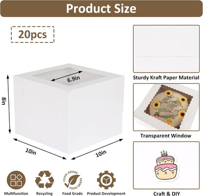 Moretoes 20pcs Cake Boxes, 10x10x8 Inches Tall Cake Box with Window, White Bakery Box, Large Baking Boxes with Window for Valentine's Day, Mother's Day, Pastries, Pies, Desserts
