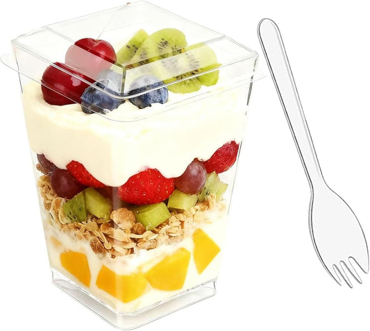100 Pack Clear Dessert Cups with Lids and Spoons, 5.4oz Mini Dessert Cups Reusable Square Parfait Cup for Party Appertizer, Christmas