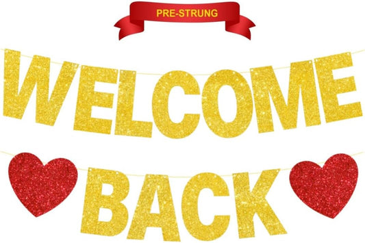 WELCOME BACK Banner, Pre-Strung, Gold Glitter Welcome Back Decorations, We Come Home Bunting Return Theme Party Decor Supplies Come Back to School Flag Classroom Background Sign Supplies Patriotic Military Homecoming Army Party Backdrop
