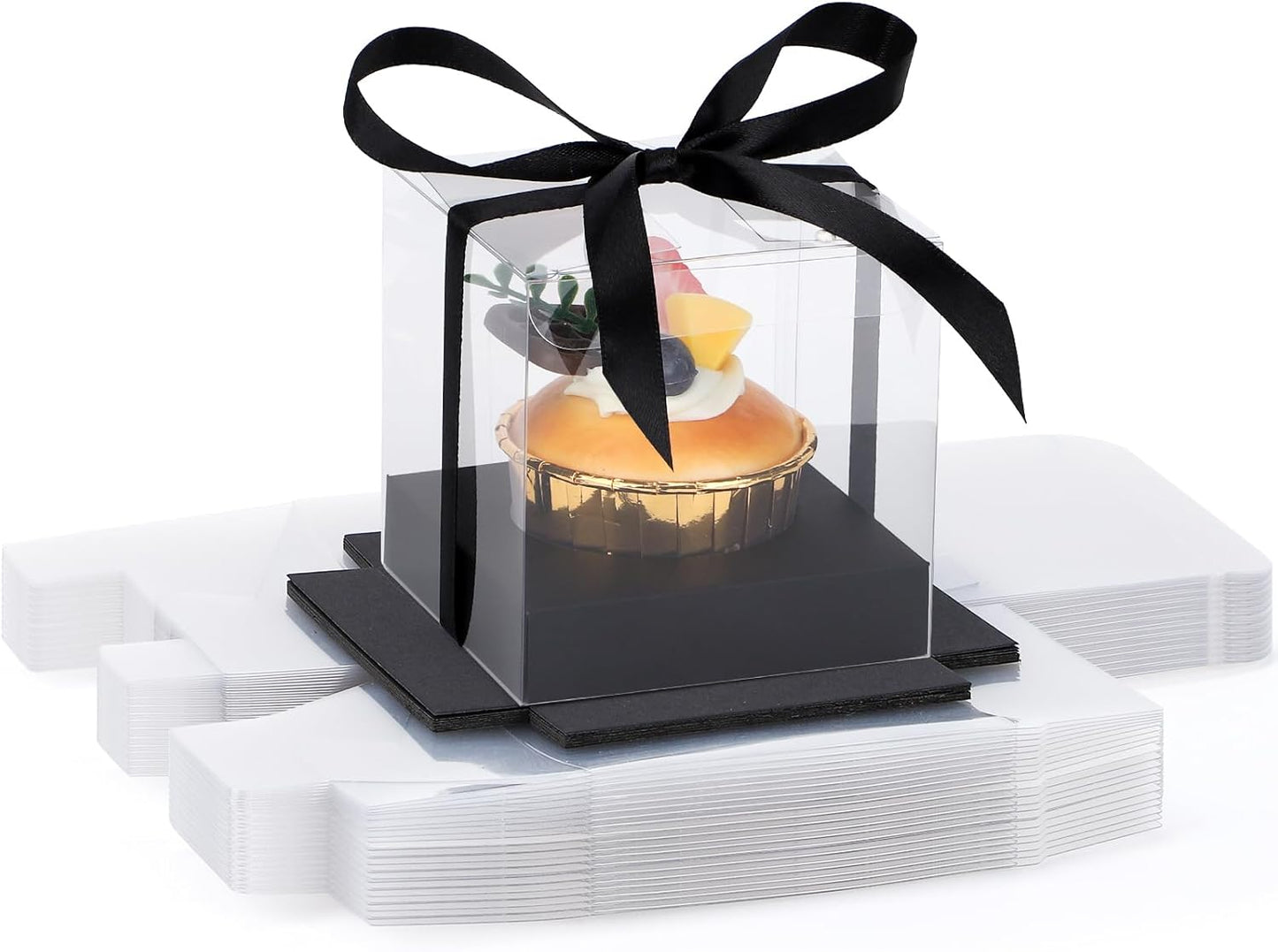 EUSOAR Individual Cupcake Holder, 50pcs 3.5 Inch Plastic Black Cupcake Containers with Lids, Single Transparent Display Clear Cupcake Carrier with Ribbon and Inserts for Wedding Party Favor