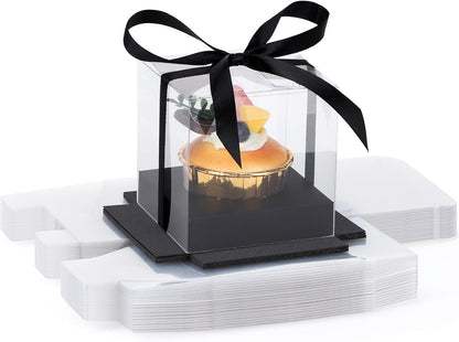 EUSOAR Individual Cupcake Holder, 50pcs 3.5 Inch Plastic Black Cupcake Containers with Lids, Single Transparent Display Clear Cupcake Carrier with Ribbon and Inserts for Wedding Party Favor