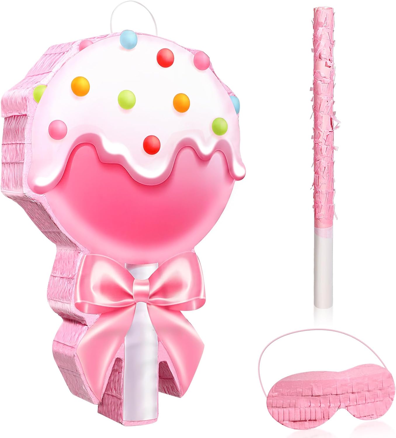 Aoriher Candy Party Favor Candy Piñata with Stick Blindfold Pink Sweet Lollipop Candy Piñata for Birthday Party Supplies Decoration