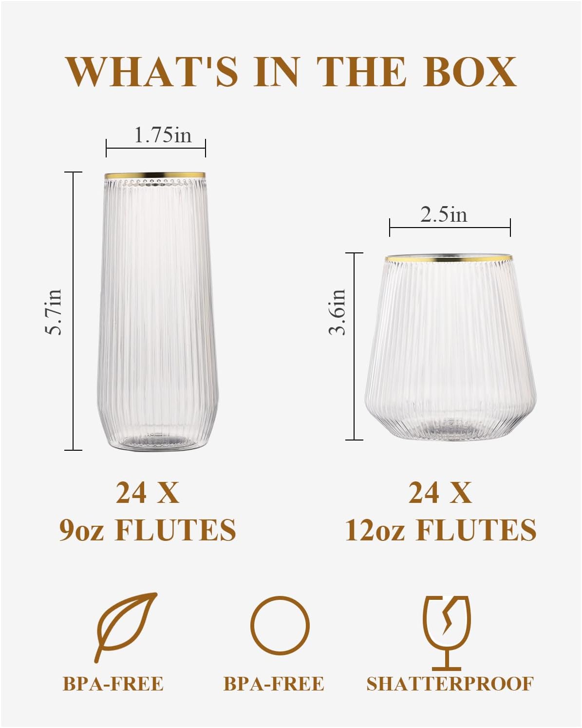 BESTSTAR 48 Pack Disposable Ribbed Origami Ripple Plastic Glasses Set - 24 9 OZ Stemless Champagne Flutes & 24 12OZ Cups, BPA-Free Shatterproof Clear Drinkware for Weddings, Parties & Events (Clear)
