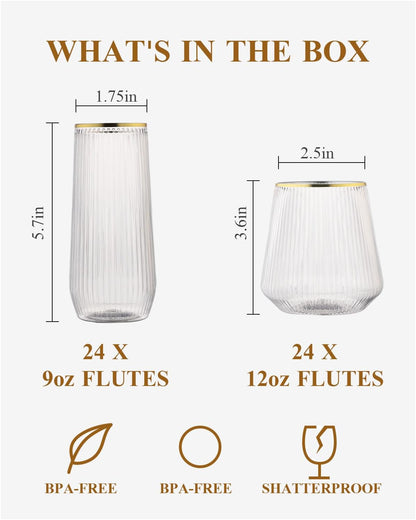 BESTSTAR 48 Pack Disposable Ribbed Origami Ripple Plastic Glasses Set - 24 9 OZ Stemless Champagne Flutes & 24 12OZ Cups, BPA-Free Shatterproof Clear Drinkware for Weddings, Parties & Events (Clear)