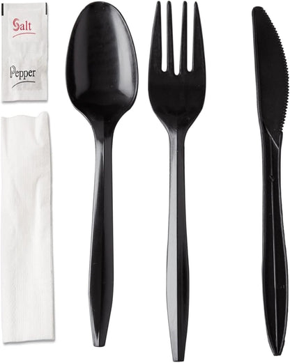 100 Plastic Cutlery Packets - Knife Fork Spoon Napkin Salt Pepper Sets | Black Silverware Sets Individually Wrapped Cutlery Kits, Bulk Plastic Utensil Cutlery Set Disposable To Go Silverware