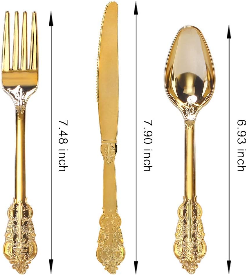WDF300 Pieces Gold Plastic Silverware - Heavy Duty Disposable Cutlery Set Plastic Gold Silverware Set Includes 100 Forks, 100 Spoons, 100 Knives for Party Baby Shower Wedding Spring