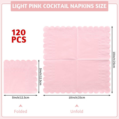 NatNarr 120 Pcs Cocktail Napkins Pink Mothers Day Paper Napkins Light Pink Dessert Beverage Napkin Cute Scalloped Party Napkin for Baby Bridal Shower, Birthday, 5 x 5 Inch