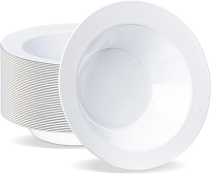 BESTVIP 100 Pack Plastic Bowls with Gold Rim, 12 oz Disposable Soup Bowls, Heavy-duty Dessert Salad Bowl for Party, Wedding, Christmas, Dinner, Catering