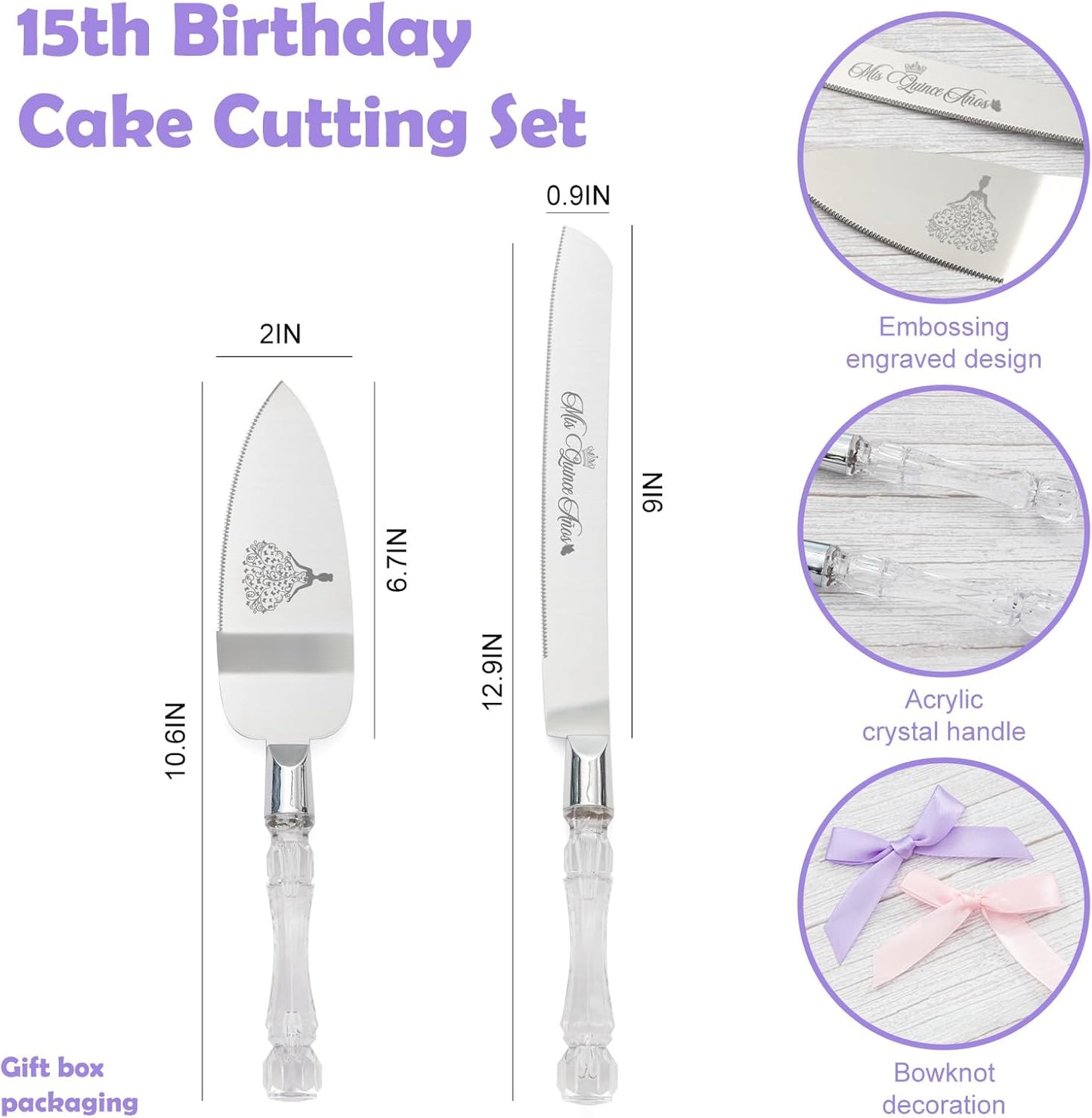 Mis Quince Años Quinceanera Cake Knife and Server Set - Sweet 15 Birthday Gifts for Girls, Feliz 15 Anos Party Decorations & Keepsake, Stainless Steel Cutting Set with Crystal Handles, Silver