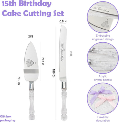 Mis Quince Años Quinceanera Cake Knife and Server Set - Sweet 15 Birthday Gifts for Girls, Feliz 15 Anos Party Decorations & Keepsake, Stainless Steel Cutting Set with Crystal Handles, Silver