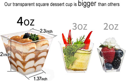 supernal 100pcs Square Plastic Dessert Cups (4oz) with 100pcs Mini Gold Spoons, Plastic Parfait Appetizer Cup, Medium Clear Dessert Cups Perfect for Cakes, Ice Cream, Desserts Appetizers