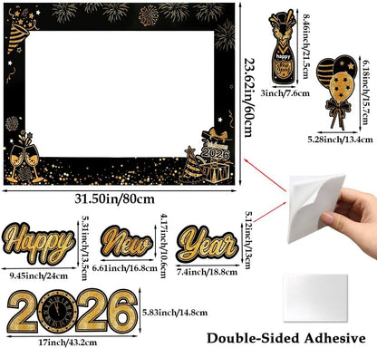 30Pcs New Years Eve Party Supplies 2026 Photo Booth Props Set with Frame 2026 Happy New Year Decorations Selfie Frames NYE Decoration for Parties Selfie Props Photography Decorations