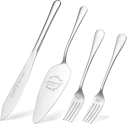 Wedding cake cutting set, Sliver Wedding Presents for Couples, 4 Pieces Set with Forks for Engagements, Bridal Shower Anniversary Engagement Presents For Mr and Mrs