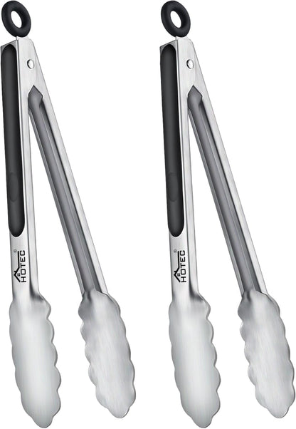 Hotec Stainless Steel Kitchen Tongs, Set of 2-9", Locking Metal Food Tongs for Cooking, Serving, BBQ, Grill Non-Slip Grip