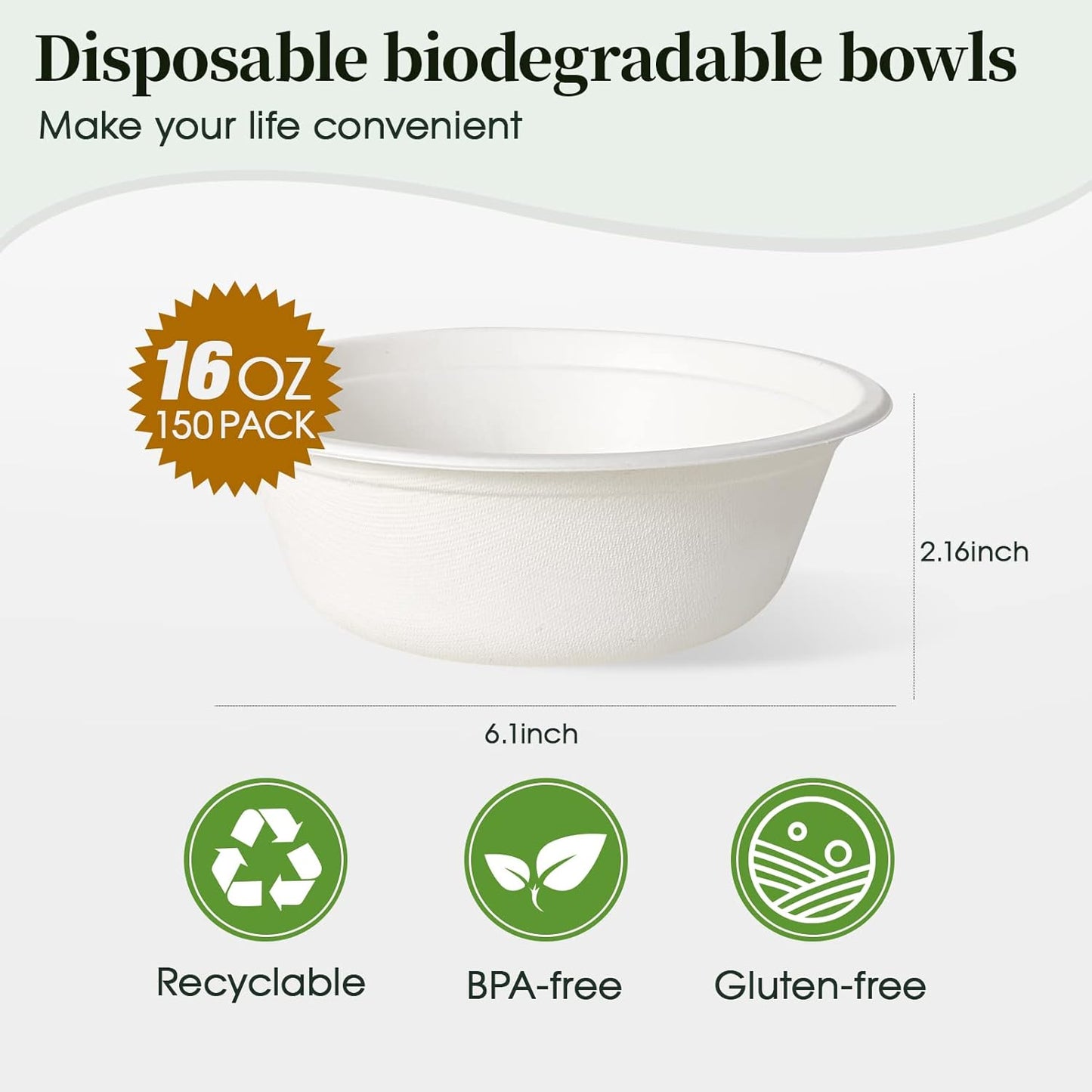 ECOLipak 150 Pack 12 oz Paper Bowls Disposable, Heavy-Duty Biodegradable Compostable Bowls Made of Natural Sugarcane Bagasse, Suitable for Salad, Dessert, Milk, Cereals