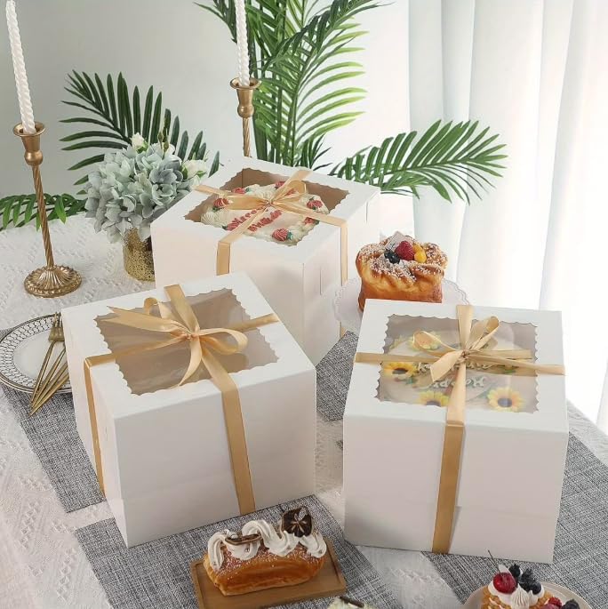 10 Pack Cake Boxes,Tall Cake Box with Window, White Bakery Boxes, 8x8x8 Inch Large Baking Boxes with Sticker, Cardboard Cake Box for Multi-Layer Cakes, Cake Decorating Supplies for Gift Giving