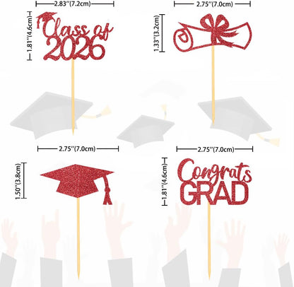 2026 Graduation Theme Cupcake Toppers Glitter Class of 2026 Graduation Cap Diploma Cupcake Picks - Set of 24 (Gold)