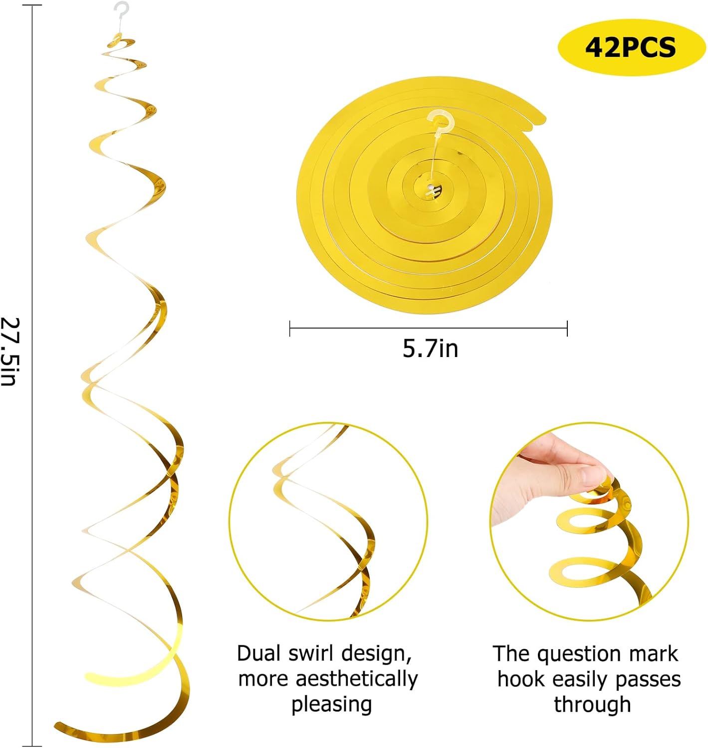 42 Pcs Gold Hanging Swirl Party Decorations, Gold Streamers Party Decorations, Foil Swirl Streamer Spiral Ceiling Decor for Birthday Wedding Baby Shower Carnival Fiesta Festival