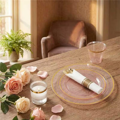 WELLIFE 350-Piece Gold Disposable Plates and Cutlery Set - Premium 10.25" Dinner Plates, 7.5" Dessert Plates, 9oz Cups & Cutlery for Weddings, Catering Events - 50 Guest Service - Elegant & Sturdy