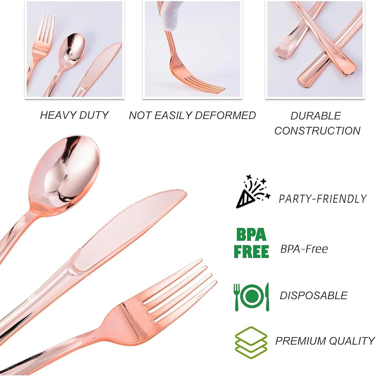 N9R 300PCS Gold Plastic Silverware, Heavy Duty Gold Plastic Cutlery Set Disposable Flatware Dinnerware, 100 Forks, 100 Spoons, 100 Knives, Perfect for Party, Wedding and Daily Use