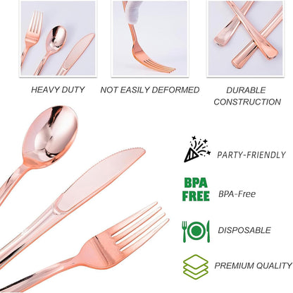 N9R 300PCS Gold Plastic Silverware, Heavy Duty Gold Plastic Cutlery Set Disposable Flatware Dinnerware, 100 Forks, 100 Spoons, 100 Knives, Perfect for Party, Wedding and Daily Use