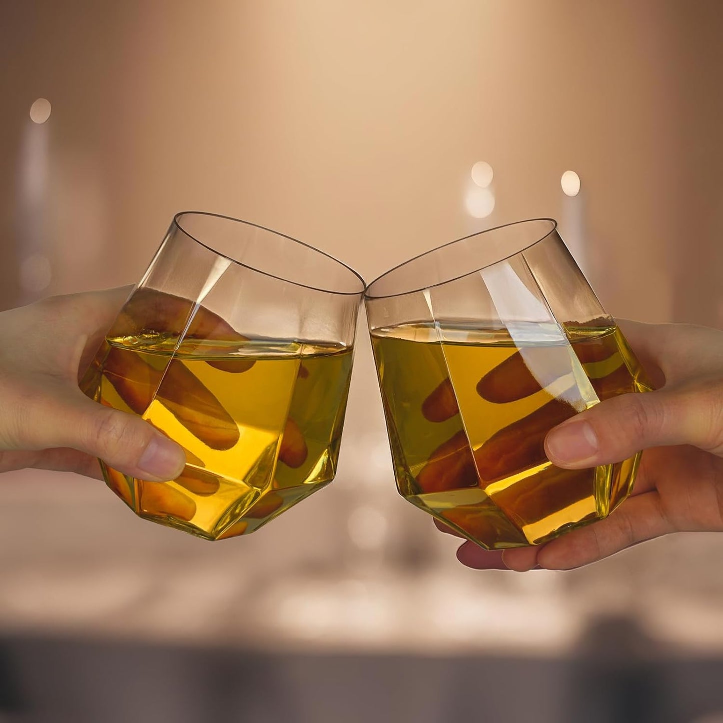 Goodluck 40 PCS Diamond Stemless Plastic Wine Whiskey Glasses, 12 Oz Disposable Cocktail Glasses, Suitable for Weddings, Birthday Parties, Family Gatherings, Bars, etc （Gold rimmed cups）