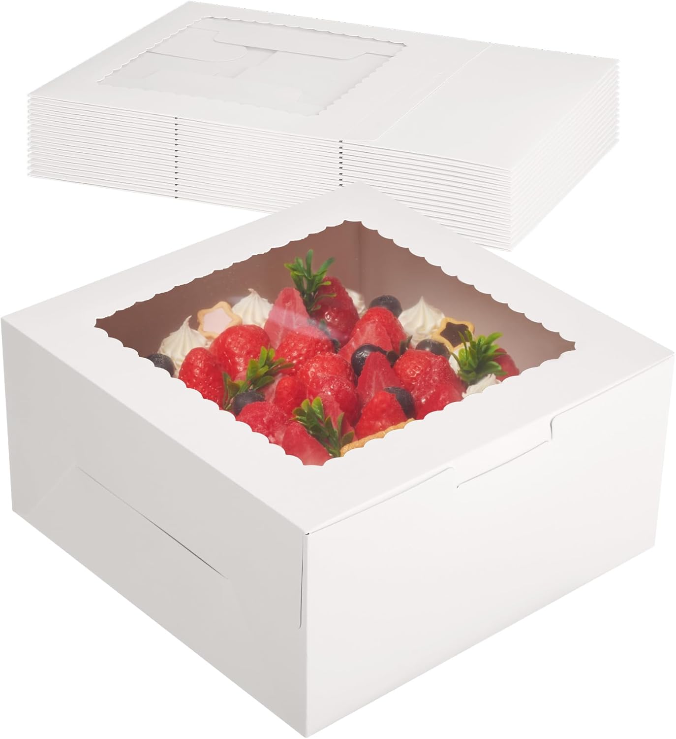 Kootek 15pcs Cake Boxes, 10x10x8 Inches Tall Cake Box with Window, White Bakery Boxes, Large Baking Boxes, Square Cardboard Cake Box for Multi-Layer Cakes, Cake Decorating Supplies for Gift Giving