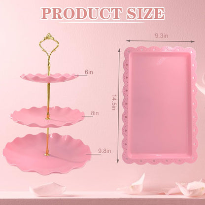5 Pcs Dessert Table Display Set, White Plastic 2 Pcs Round 3 Tier Cupcake Stand Cup Cake Tower Stand with Metal Rod & 3 Pcs Serving Tray for Baby Shower, Tea Party, Wedding, Birthday Party