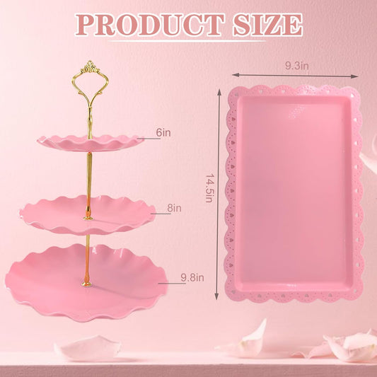 5 Pcs Dessert Table Display Set, White Plastic 2 Pcs Round 3 Tier Cupcake Stand Cup Cake Tower Stand with Metal Rod & 3 Pcs Serving Tray for Baby Shower, Tea Party, Wedding, Birthday Party