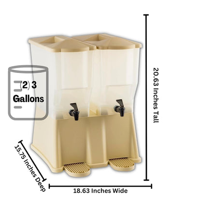 TableCraft TW33DP, 6 Gal Twin Slimline Beverage Dispenser, (2) 3 Gal Clear Reservoirs, Almond Base, Compact Design, Tomlinson Faucets, 8.25" Faucet Clearance, NSF Approved, Made in USA