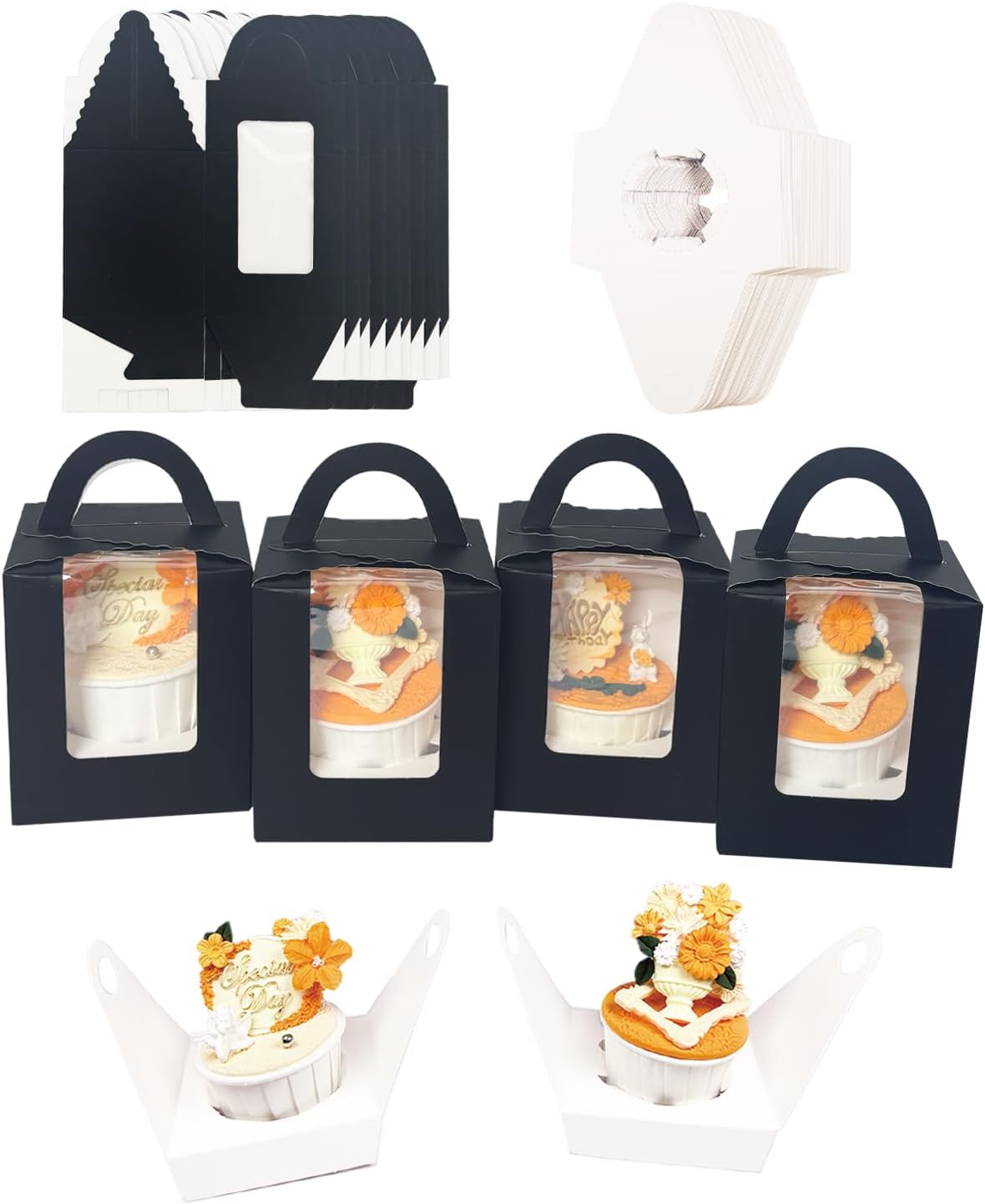 Bakepacker Auto-pop up Individual Cupcake Boxes with Window 60 Count Brown Single Cupcakes Box 3.7 x 3.7 x 4.3inch Cupcake Carrier