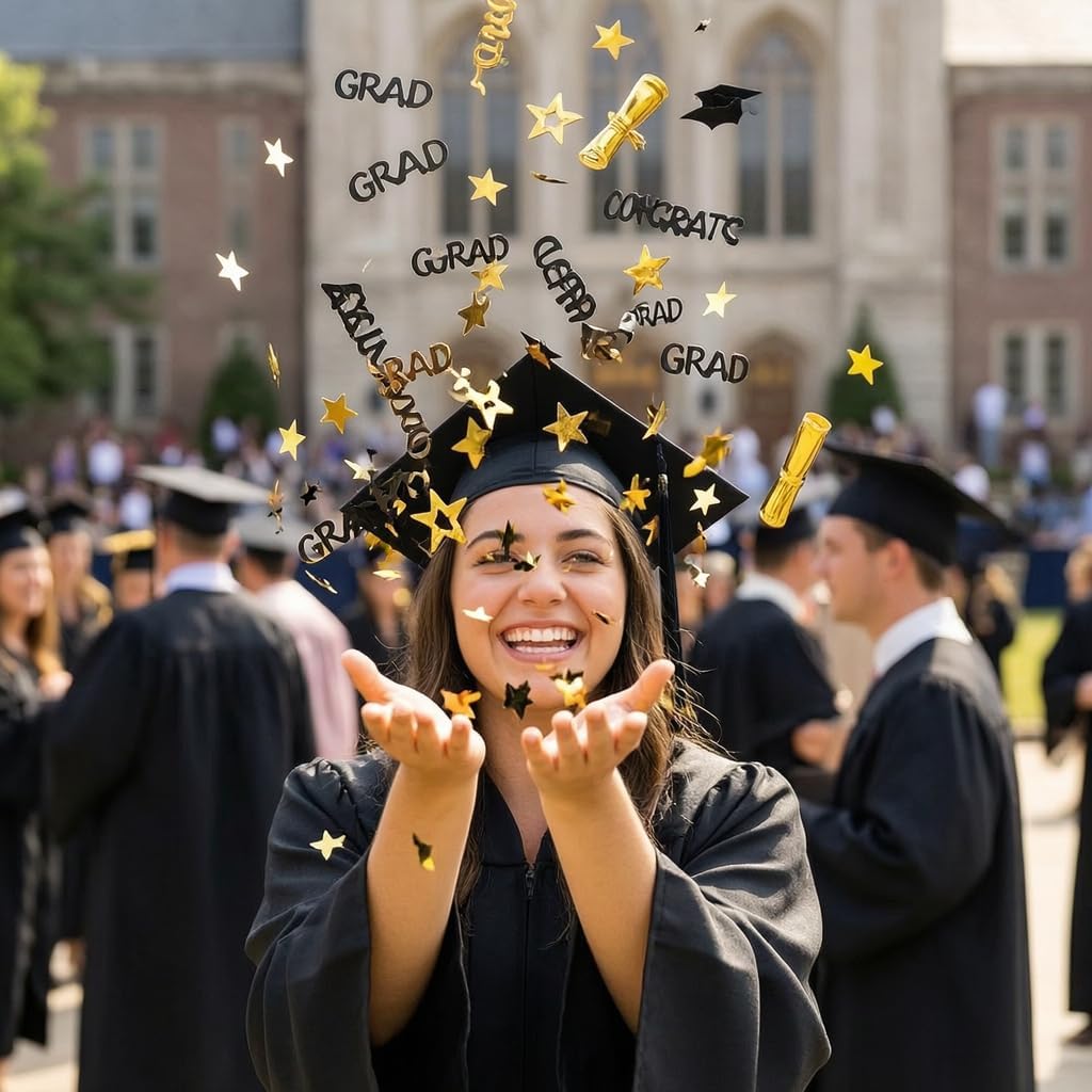 Gold and Black Graduation Confetti 2026, 1000 Pcs Congrats Grad Confetti Class of 2026 Party Table Centerpiece for 2026 Graduation Party Decorations