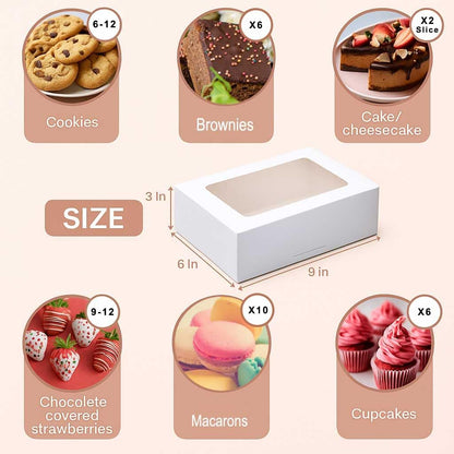 Leafiew 30 Pack Cookie Boxes with Window for Gift Giving – 9x6x3 Inches Bakery Boxes - Small Cookie Containers for Treats, Desserts, Strawberries, Cupcake, Pastry, Charcuterie, Baked Goods (Brown)