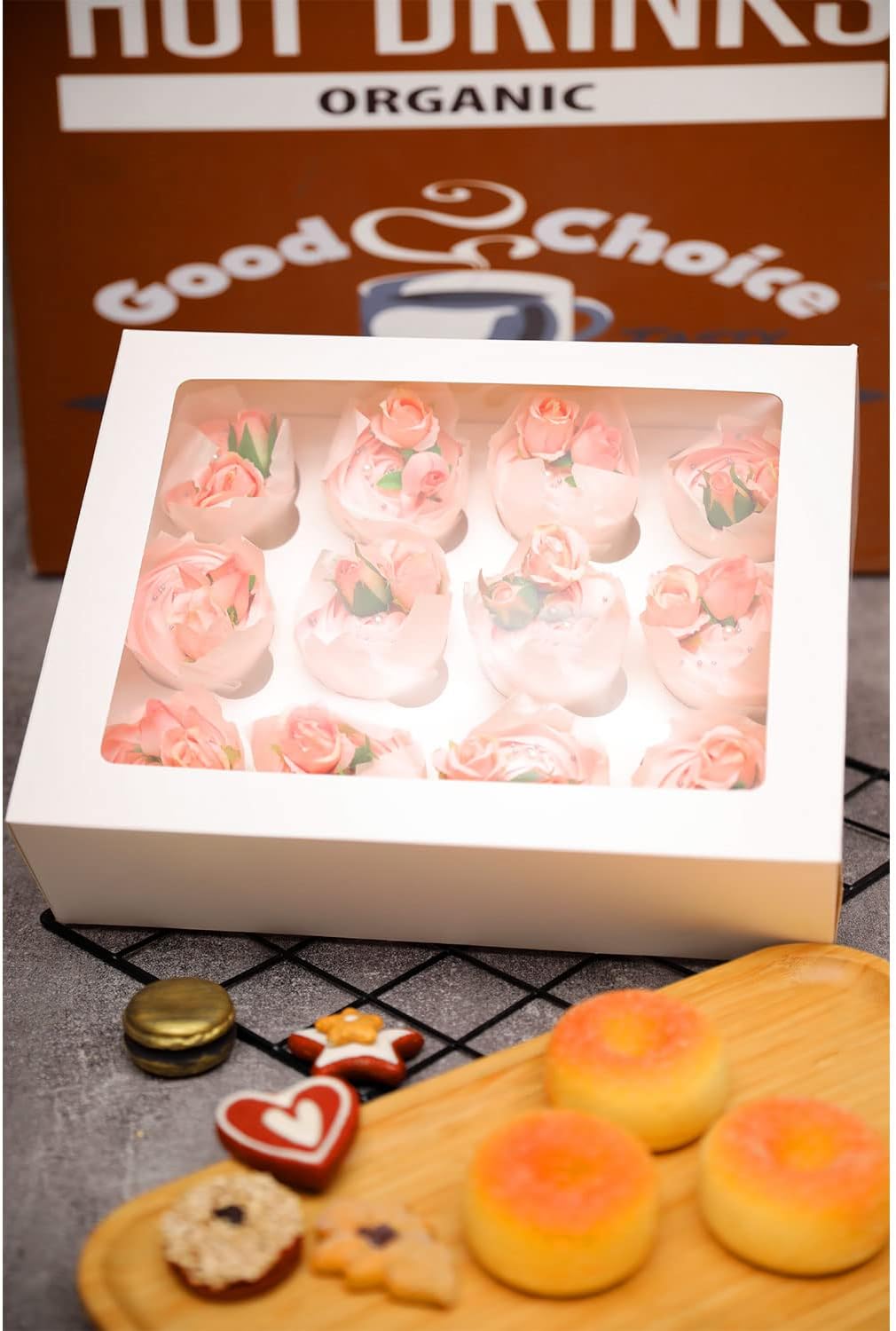 qiqee Auto-pop Up Cupcake Boxes with Window White 40PCS 12 Count Cupcake Box 13"x10"x3.5" Cupcakes Carrier, 12 Cupcake Containers with 2 rolls of pink ribbons