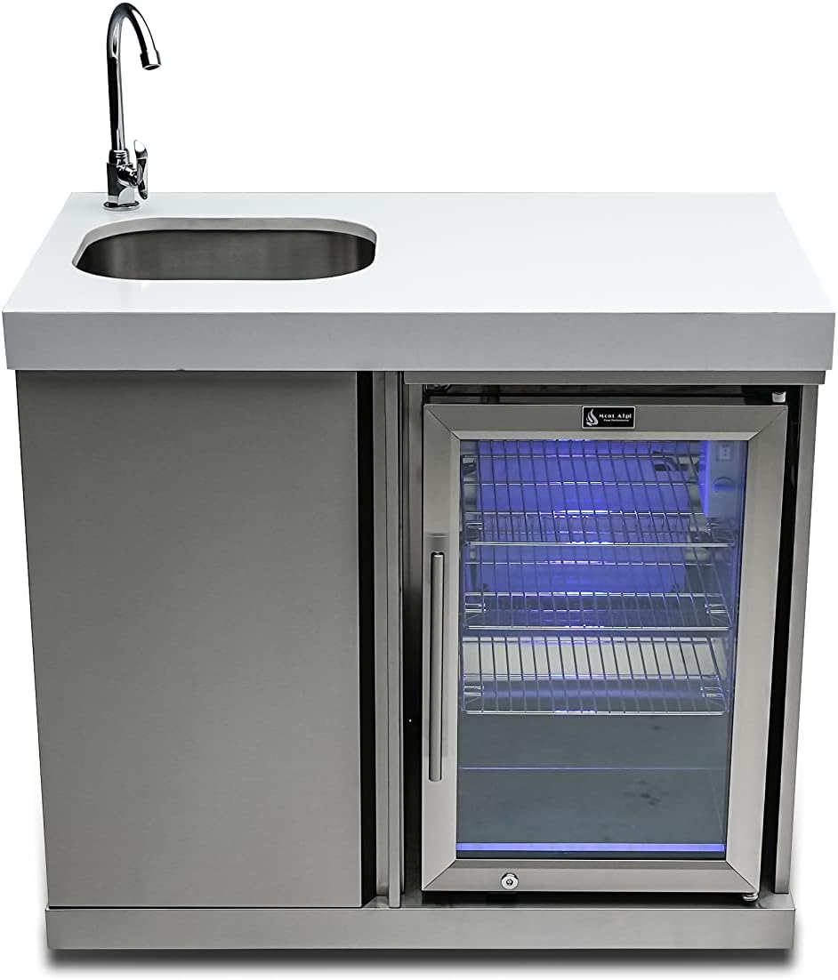 Mont Alpi Bar Series MA-BEVKEG Stainless Steel Outdoor Rated 3 Beer Tap Kegerator Keg Center Dispenser + Beverage Center with Compact Refrigerator + Granite Countertops