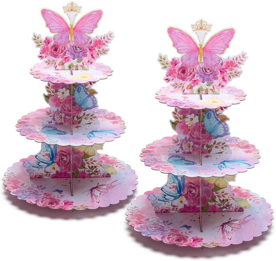 MRPAPA Pink Cardboard Cupcake Stand,2PCS Cup Cake Holder Thick Paper Dessert Tray, 3-Tier Round Serving Tray Perfect for Baby Girls Pink and Gold Birthday Baby Shower Party Supplies