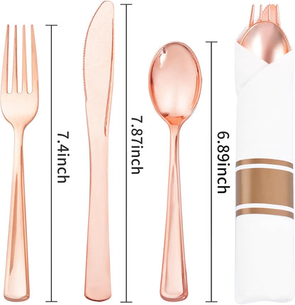 Liacere 100 Pack Silver Plastic Silverware-Pre Wrapped cutlery and Napkin-Pre Rolled Silverware Disposable 100 Forks, 100 Knives 100 Spoons, 100 Napkins Plastic Utensils＆Wedding