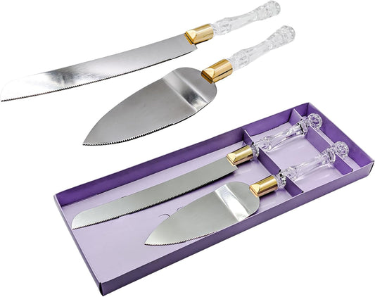 Lassos Boutique 2-Piece Acrylic Faux Handle Cake Server and Knife Set for Wedding Cake, Thanksgiving, Christmas, Stainless Steel Blade, Gold Accent Handle