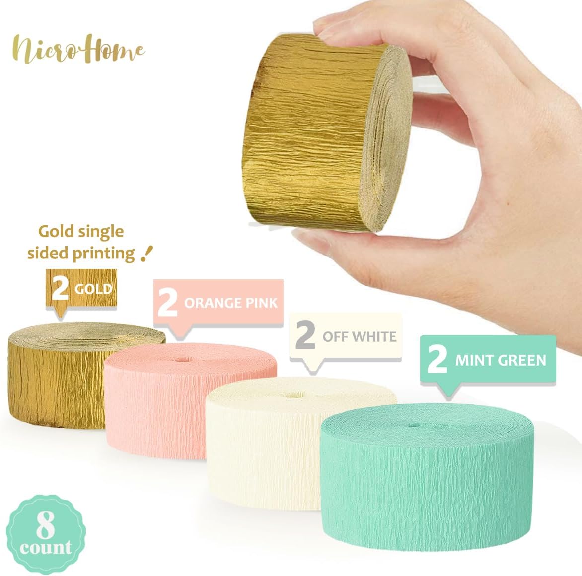 NICROHOME EUR Wedding Party Decorations, 8 Rolls Moss Sage Green Pink Crepe Paper Streamers for Boho Baby Shower, Wedding, Engagement Party, Spring Party, Birthday Party Supplies, 82 ft Long