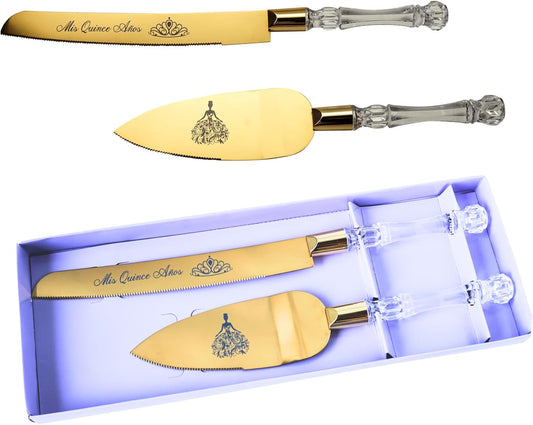 Lassos Boutique Mis Quince Años Quinceanera Cake Serving and Knife Set, Sweet 15 Birthday Cake Cutting Set, Feliz 15 Anos Decoration, Acrylic Handle, Stainless Steel (Gold)