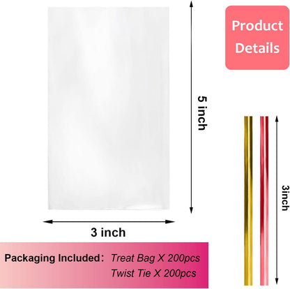 Cello Cellophane Treat Bags,5x7 Inches Clear Cellophane Bags 200 Pcs OPP Plastic Treat Bags with 200 Twist Ties for Gift Wrapping,Packaging Candies,Dessert,Bakery, Cookies, Chocolate,Party Favor