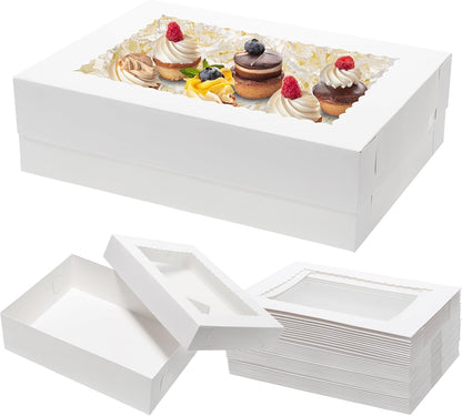Mefleet 25pcs 14x10x6 Cake Boxes with Window Rectangle Quarter Sheet Bakery Boxes for Pastry Baking Cake, Cupcakes, Donuts, Cookies, Pie Treat Packaging White Large