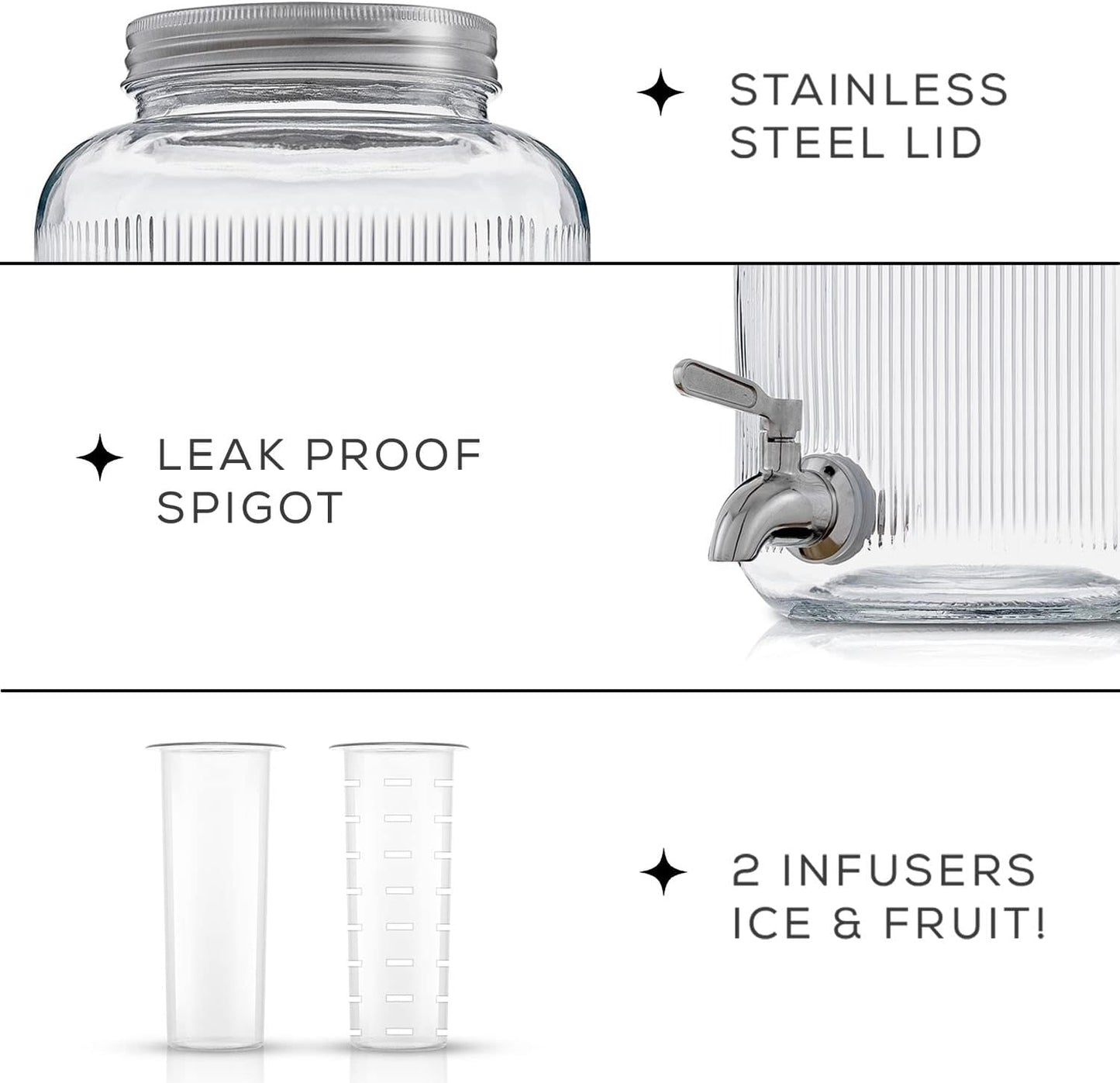 Fluted 1-Gallon Drink Dispenser. Glass Beverage Dispenser with Stainless steel Spigot plus Ice Cylinder and Fruit Infuser! Water Dispenser, Lemonade Stand, Juice Container - Dispensers for Parties