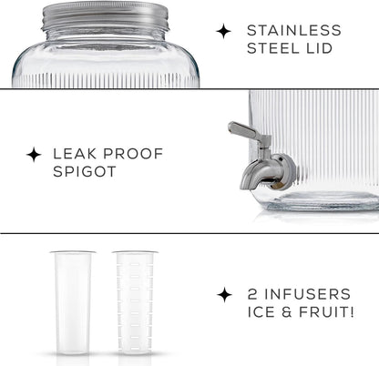 Fluted 1-Gallon Drink Dispenser. Glass Beverage Dispenser with Stainless steel Spigot plus Ice Cylinder and Fruit Infuser! Water Dispenser, Lemonade Stand, Juice Container - Dispensers for Parties
