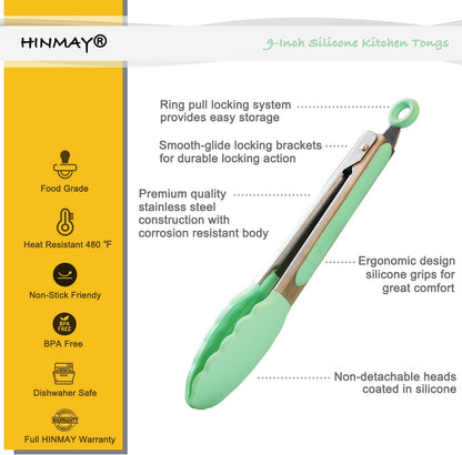 HINMAY Serving Tongs 9-Inch Cooking Tongs with Silicone Tips, Set of 3 (Black)