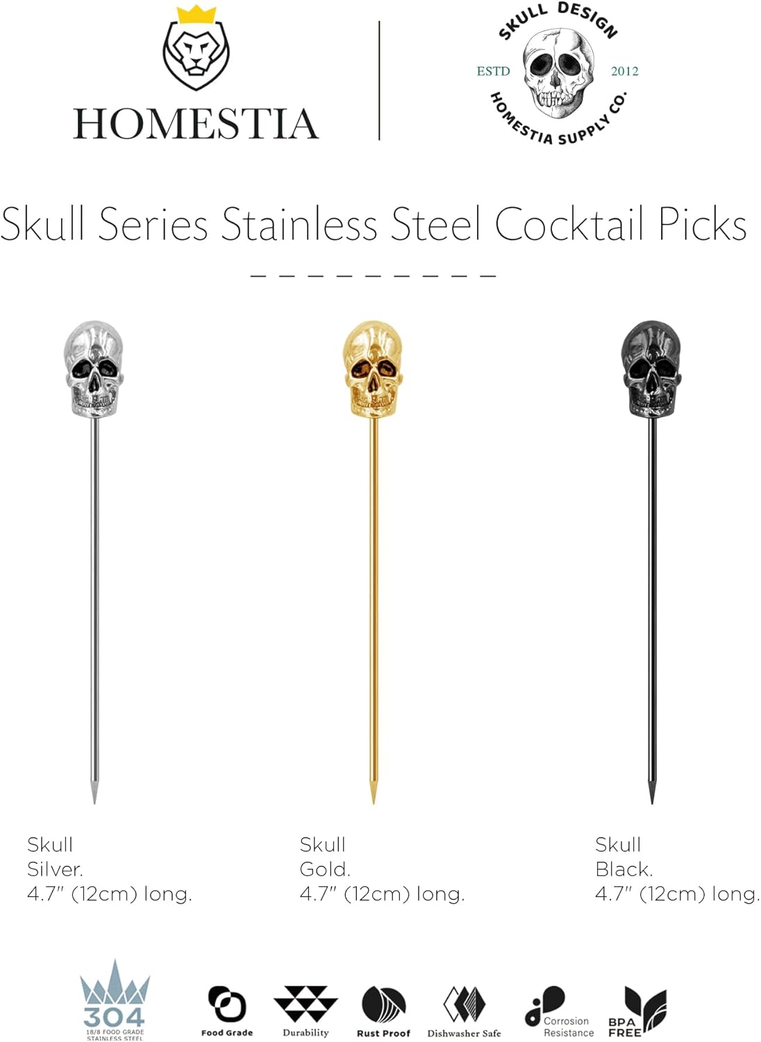 Homestia Stainless Steel Cocktail Picks, 4.7 Inch Reusable Martini Olive Picks, Metal Garnish Skewers for Drinks, Appetizers, Bloody Mary - Set of 6 Metal Cocktail Picks for Party Bar